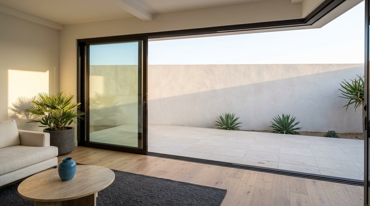 Staged living room viewed from the threshold, with an open sliding glass door.