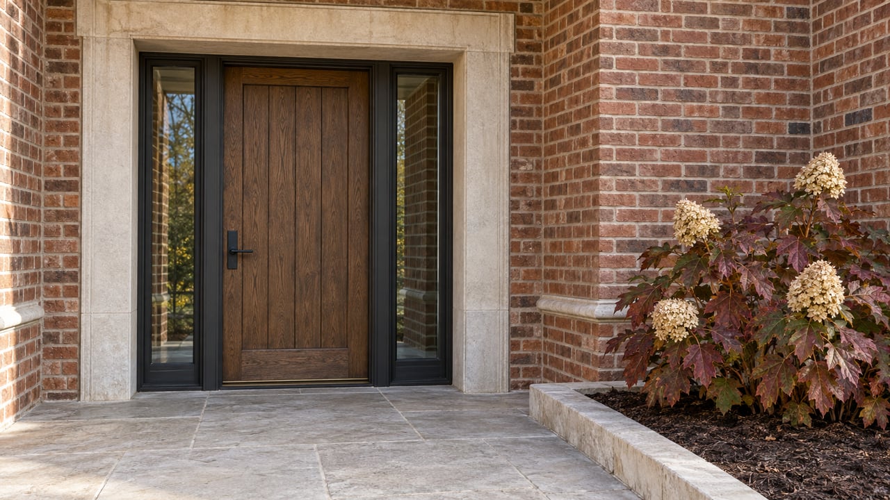 Close view of a brick home's recessed oak front door, paired glass sidelights, limestone landing and burgundy oakleaf hydrangea.