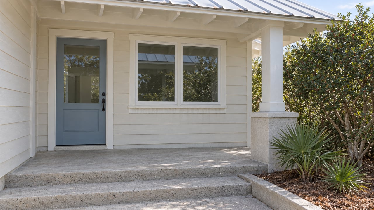 A blue glazed front door and paired window beneath a shallow metal-roofed porch, with concrete steps and sculptural yaupon planting.