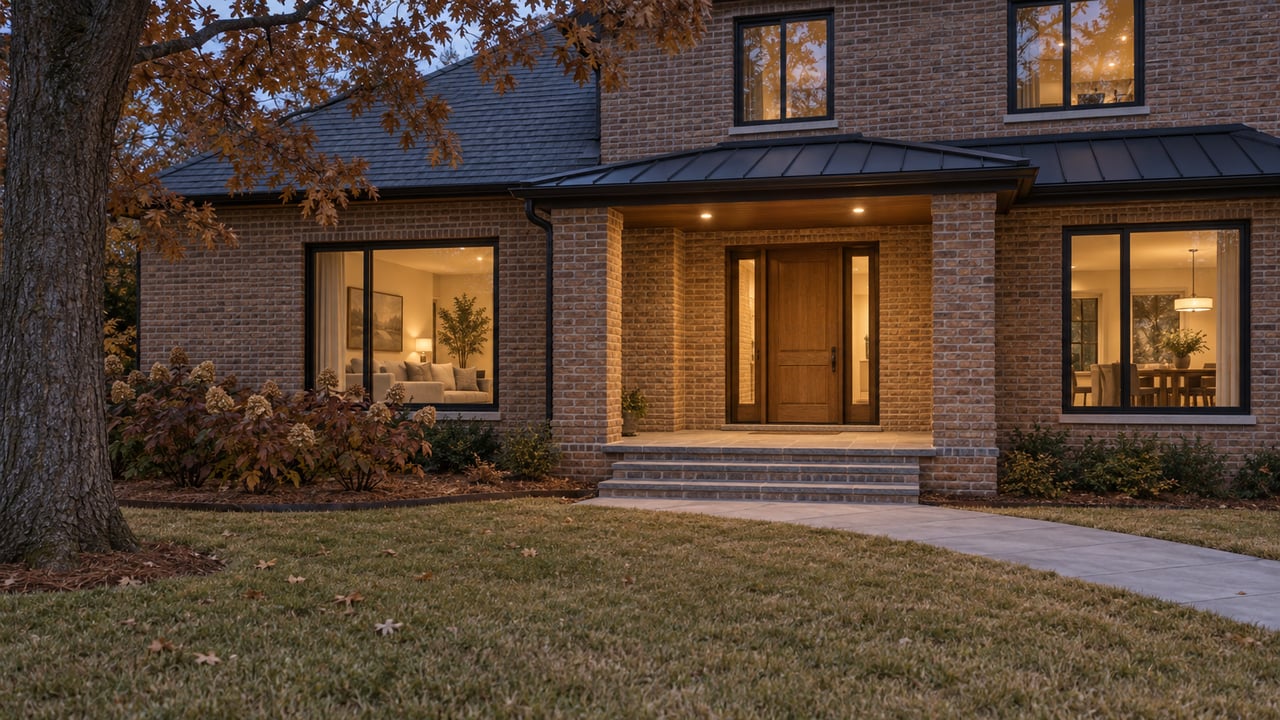 An illuminated brick home at blue hour, with an oak front door, bluestone steps and a broad autumn lawn.