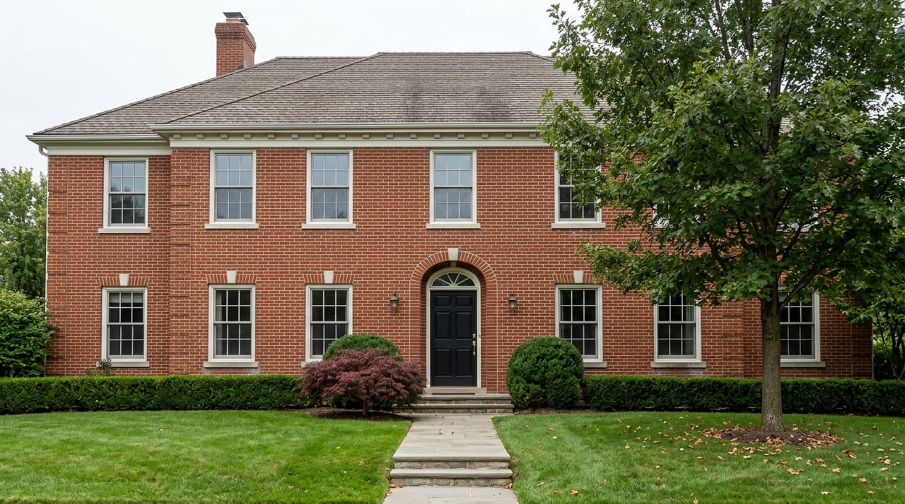 Two-story red-brick house with white-trimmed windows, an arched black entry, and a stone walkway through the lawn.