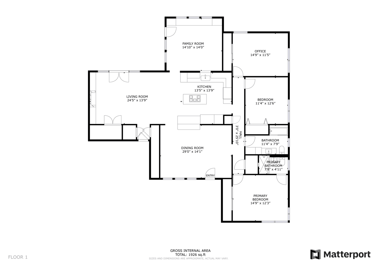 Main level floor plan for 2404 Westover Rd, Tarrytown, Austin (1,926 sq ft per the plan).
