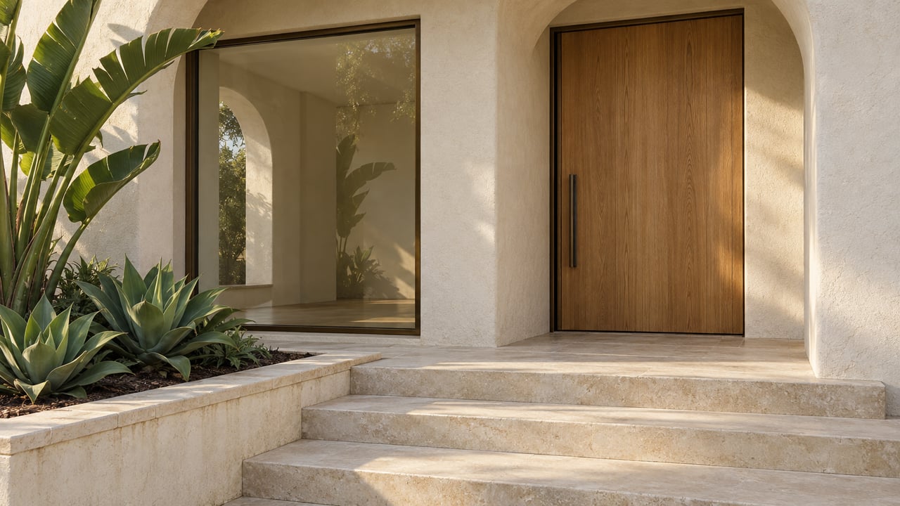 Sunlit stucco arch shelters an oak entry door beside bronze-framed glass, limestone steps and sculptural tropical planting.