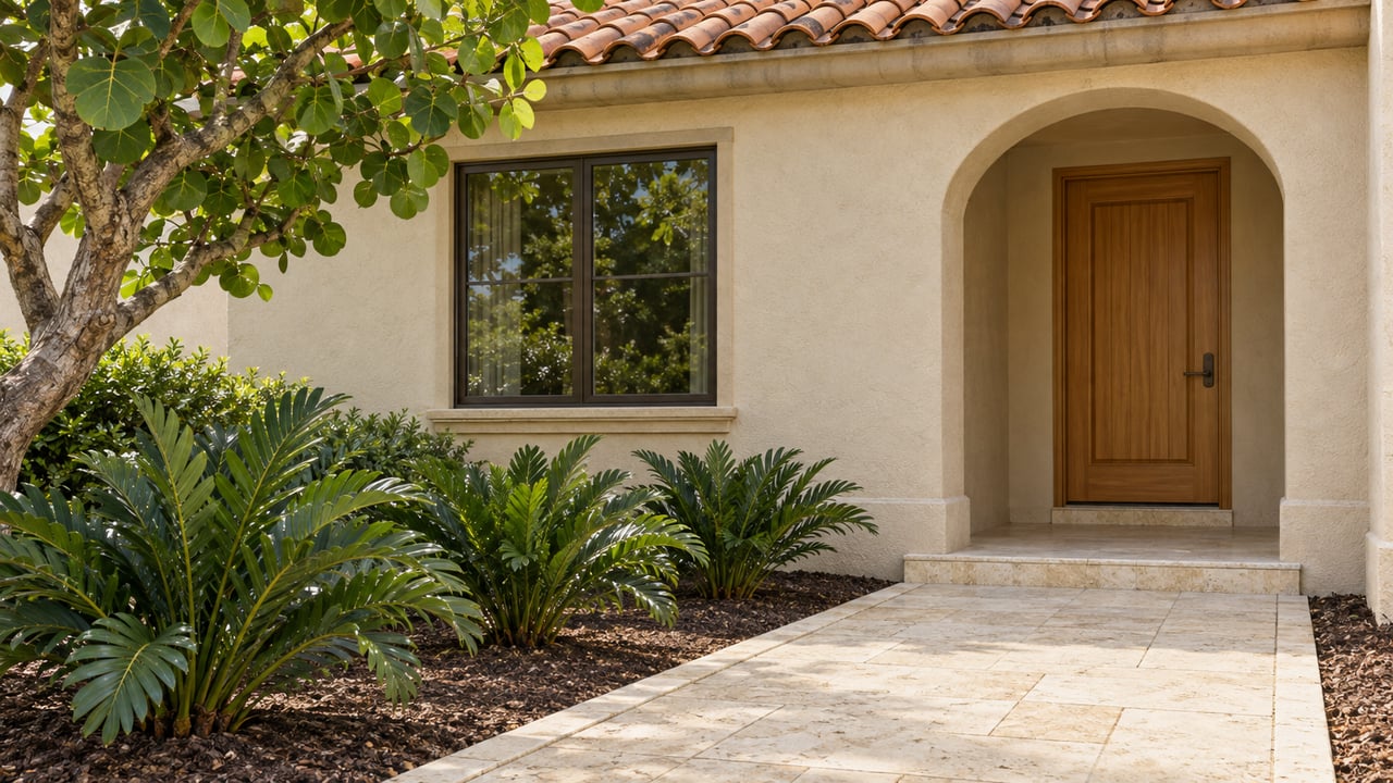 Sand-stucco home with a clay-tile roof, recessed arched timber entry, limestone walk and sculptural broad-leaf planting.