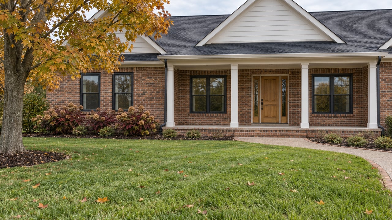 A brown-red brick home with white gables and a covered porch beyond a deep autumn lawn, with an ochre sugar maple at left.