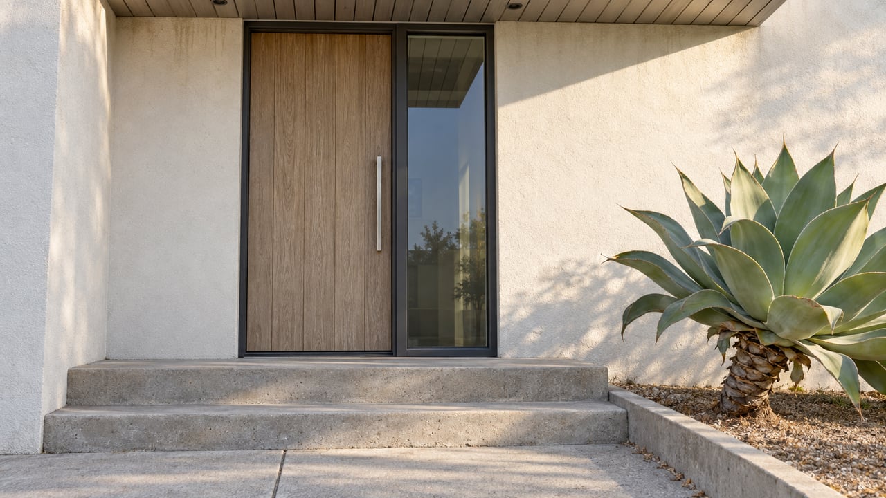 Close view of a pale stucco home entrance with a silvered timber door, glazed sidelight, concrete steps and one sculptural agave.