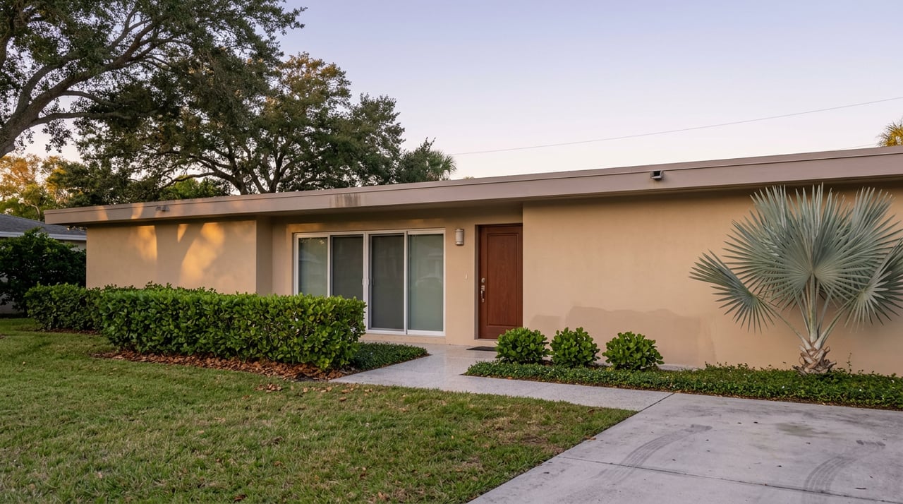 Low stucco home with a flat roof, broad oak canopy, clipped hedge, silver palm, and driveway across a deep lawn.