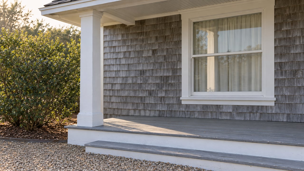 Weathered cedar-shingle country house porch with white trim, gray decking, a closed window and a green ceanothus beside a gravel approach.