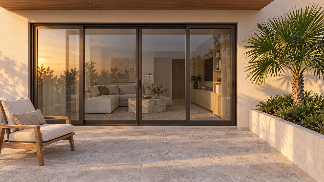 Limestone terrace with a teak chair and potted palm beside bronze-framed glass doors.