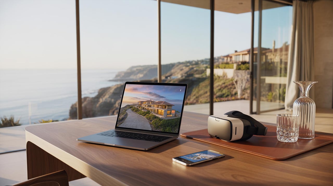 Laptop and VR headset on a wooden desk beside floor-to-ceiling windows overlooking a coastal hillside.