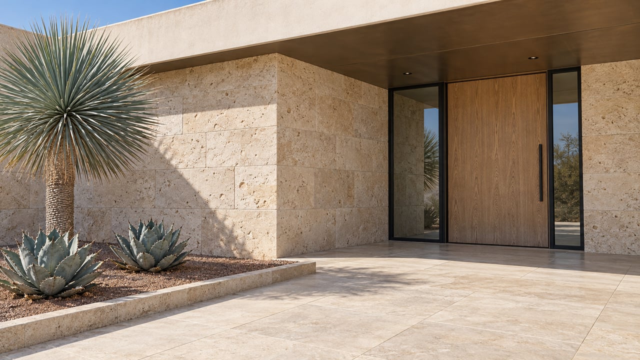 A sheltered oak entrance beside limestone walls, pale stone paving, and sculptural blue-gray desert plants.