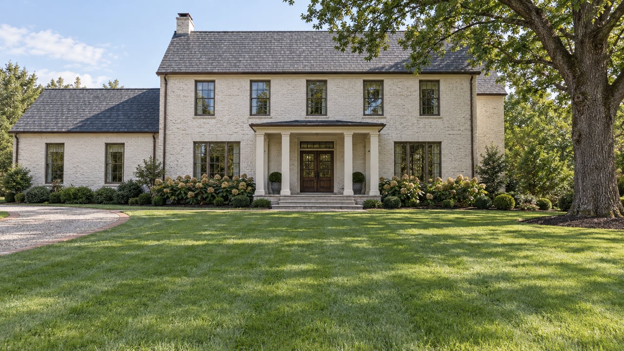 Painted-brick estate with a slate roof and covered porch beyond a broad lawn, framed by a mature white oak.