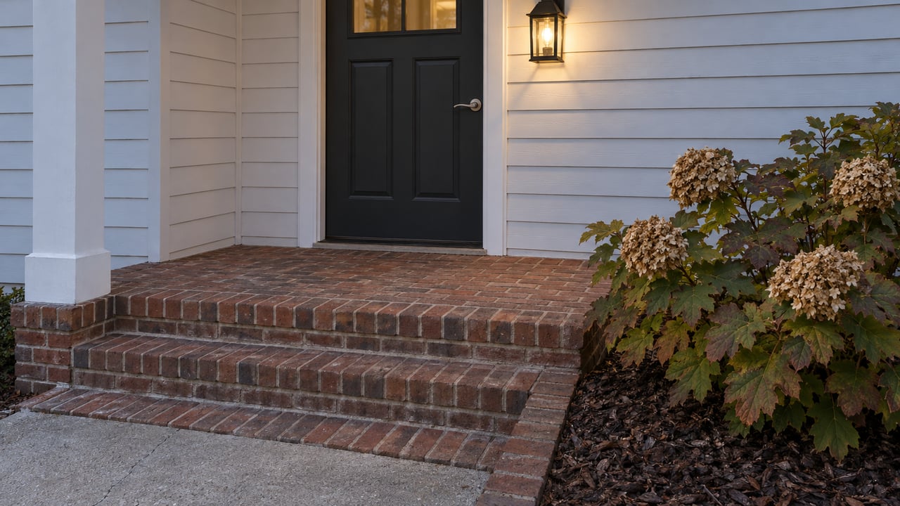 A charcoal front door and white clapboard above worn red-brick steps, with a glowing porch light and oakleaf hydrangea at dusk.