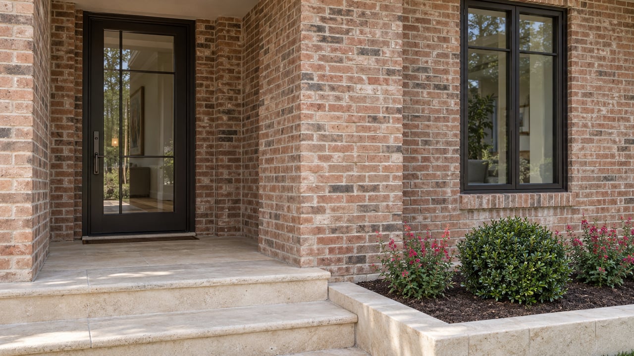 Brick home entry with a recessed bronze-framed glass door, tall casement window, and limestone steps.