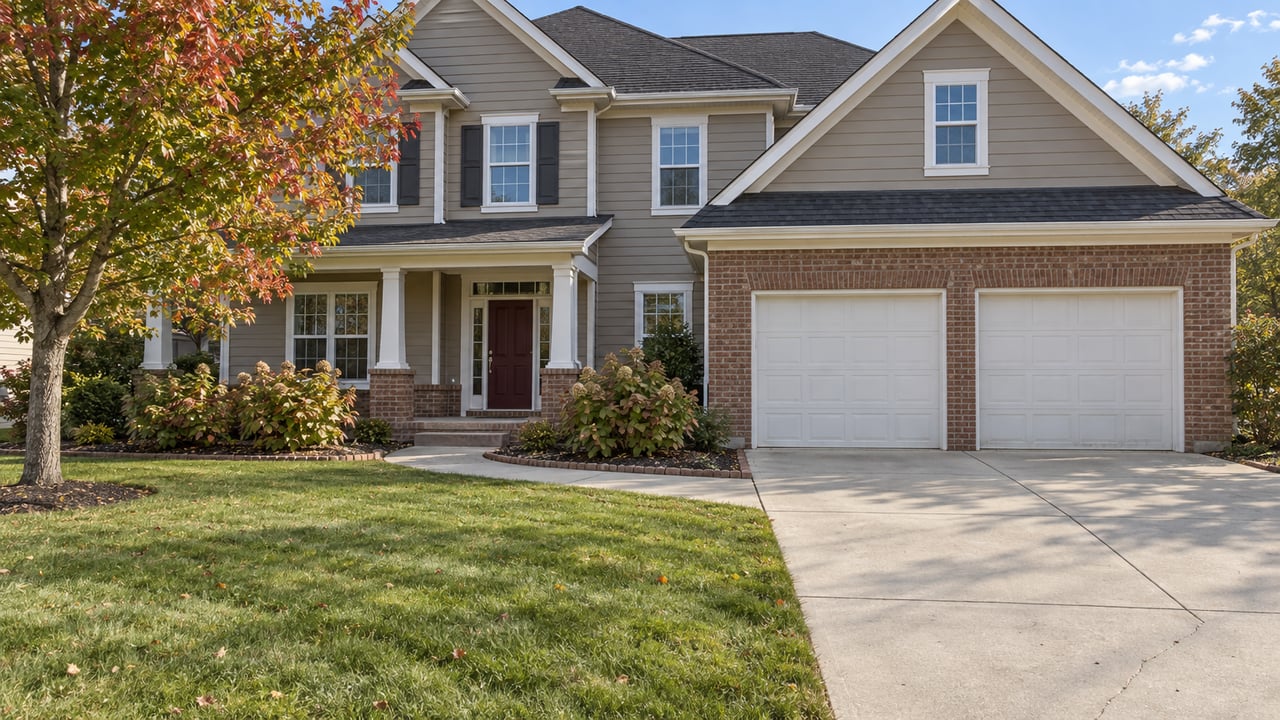 Two-story taupe-sided home with brick accents, white garage doors, a broad lawn, and early autumn planting in afternoon sunlight.