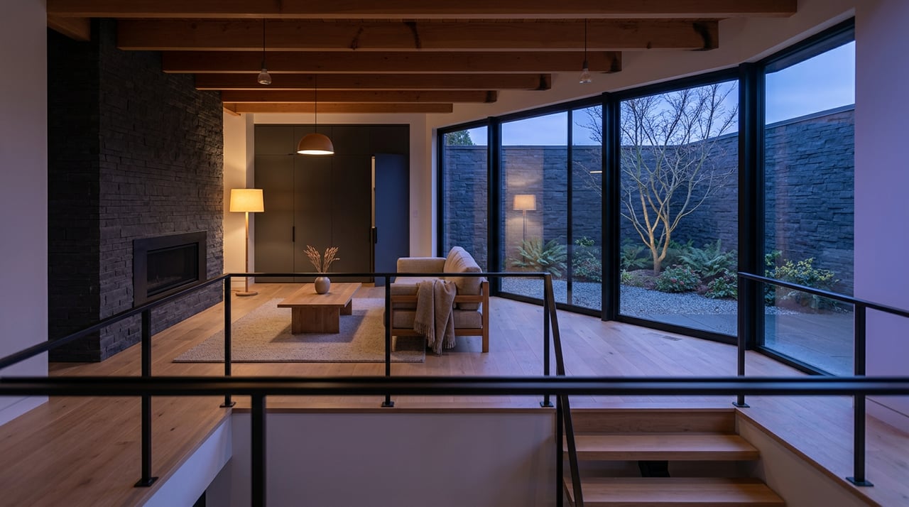 Double-height living room with oak staircase, basalt fireplace wall, and garden visible through floor-to-ceiling windows.
