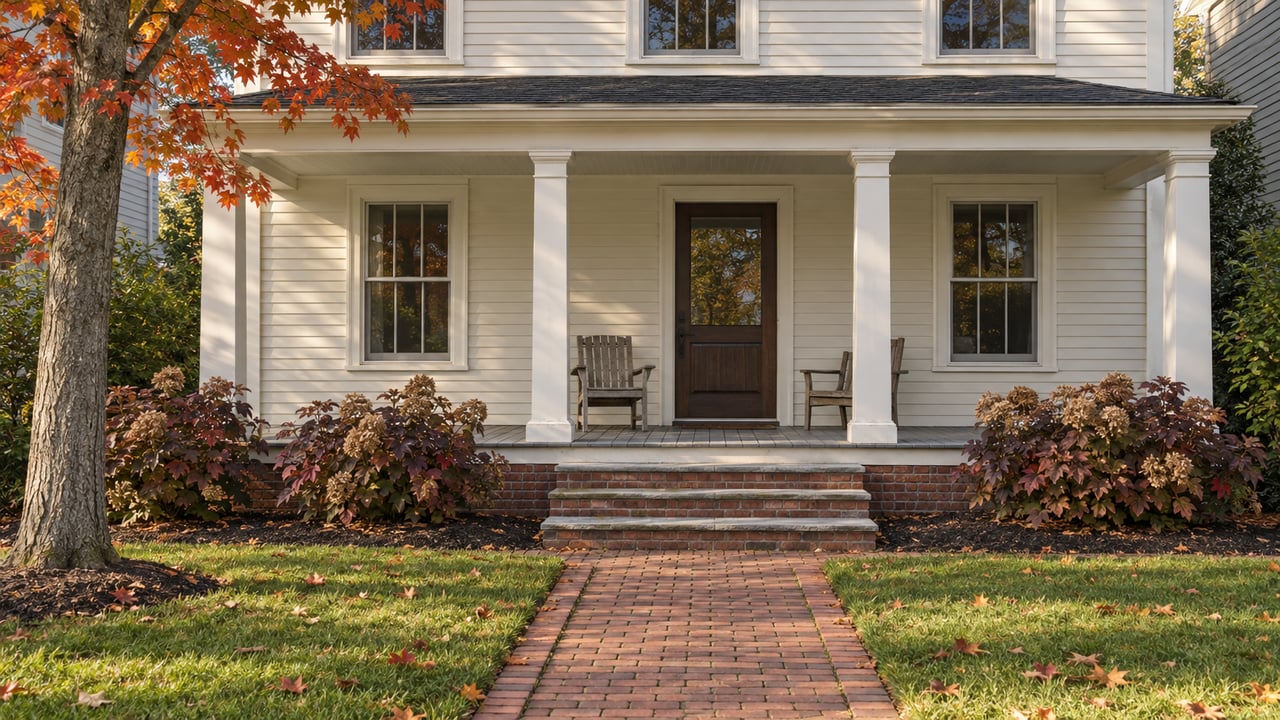 An ivory clapboard home with a covered porch, brick garden path and red autumn maple foliage in warm afternoon light.