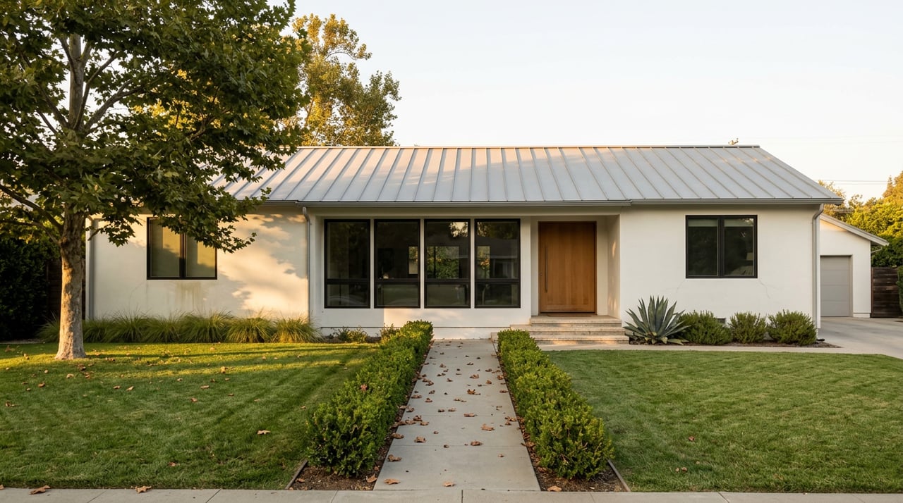 Single-story modern ranch house with white stucco, broad front lawn, sycamore tree, and concrete walkway.
