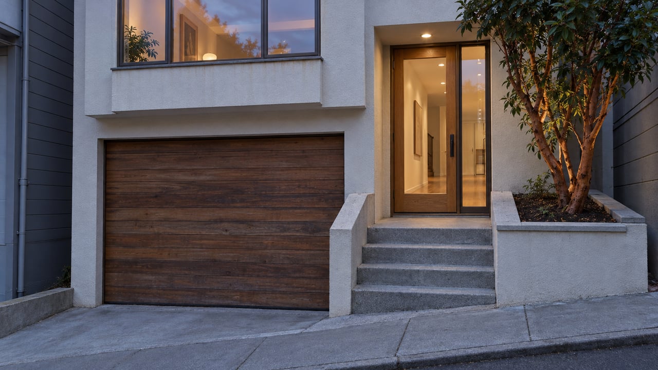 Blue-hour view of an updated attached home with a cedar garage door, raised glass entry and a small specimen tree in a concrete planter.