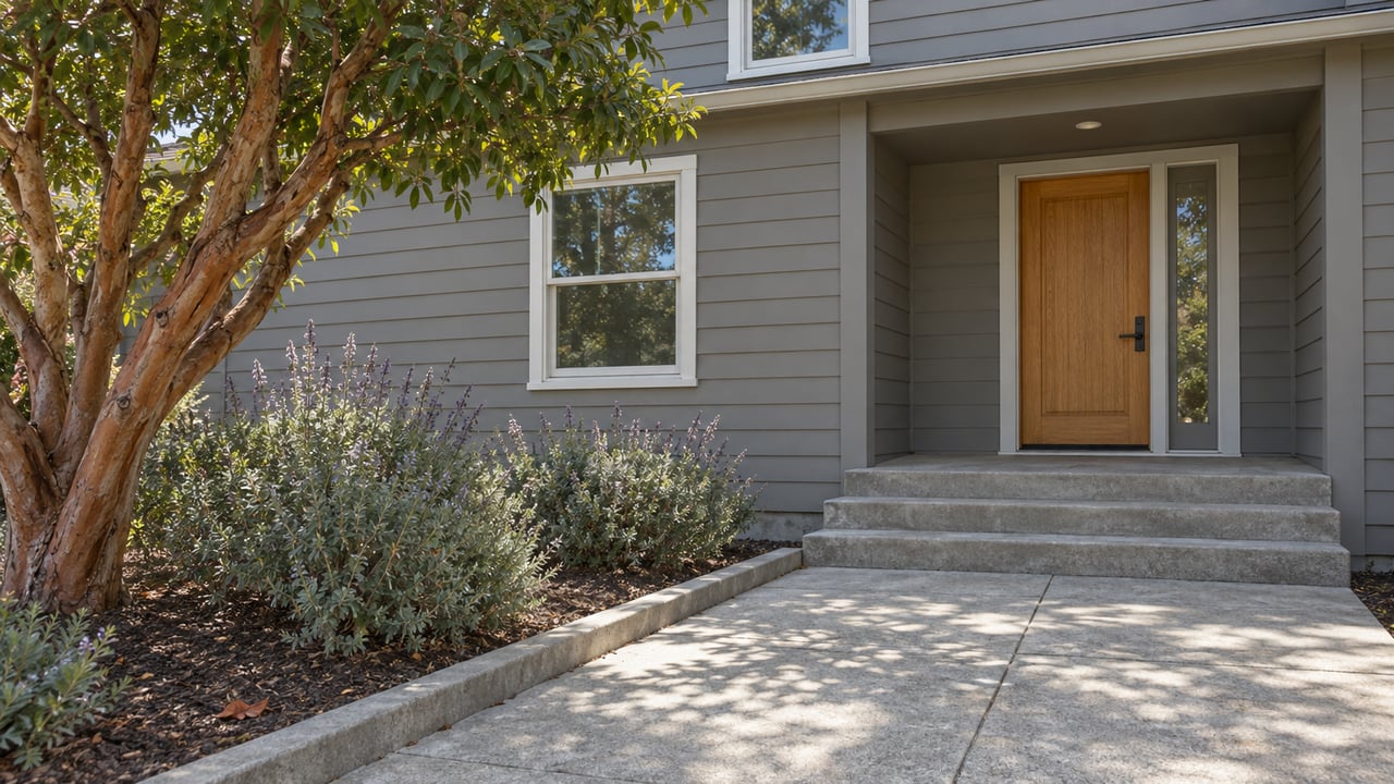 Sunlit wood-sided home with a recessed oak front door, concrete entry steps and a strawberry tree beside the approach.