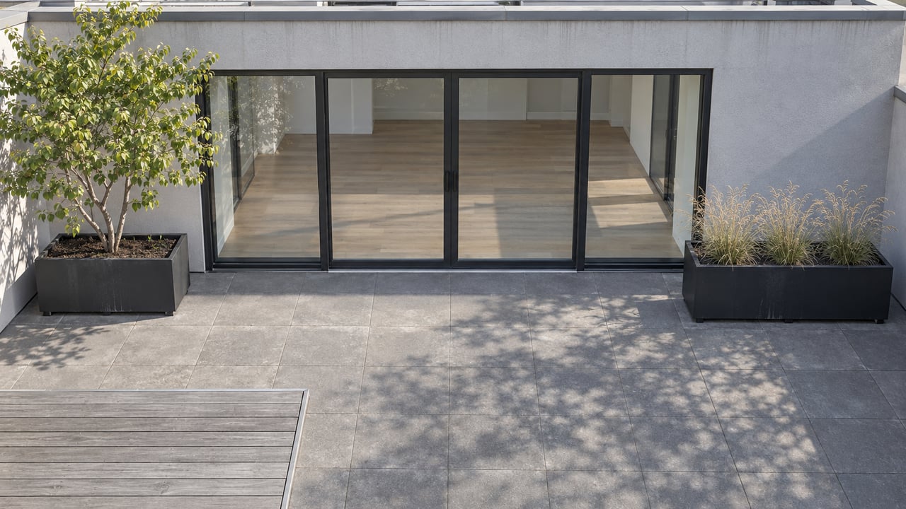 Elevated view of a contemporary condo terrace with charcoal pavers, silvered decking, black planters, and closed glass doors.