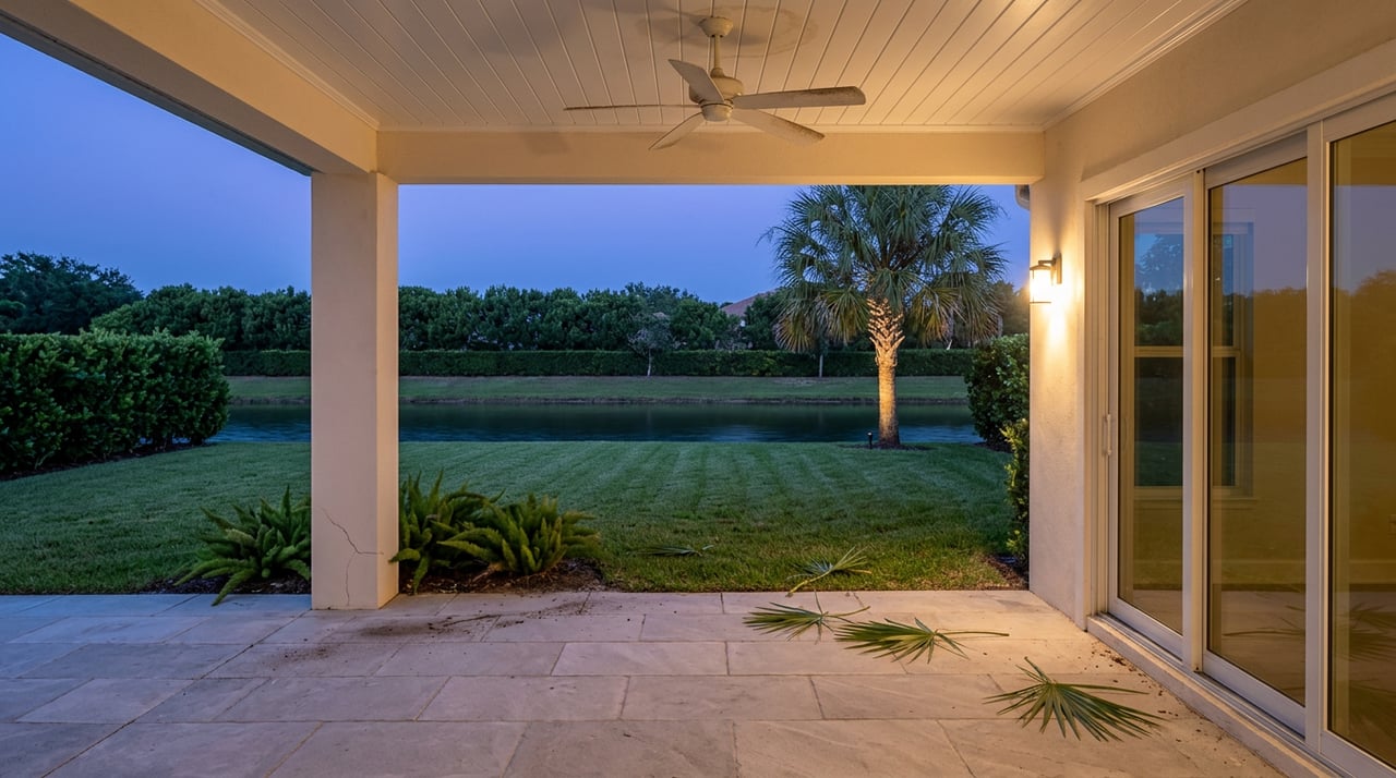 Covered lanai with a lit wall sconce, stone pavers, lawn, palm tree, and dark water at dusk.
