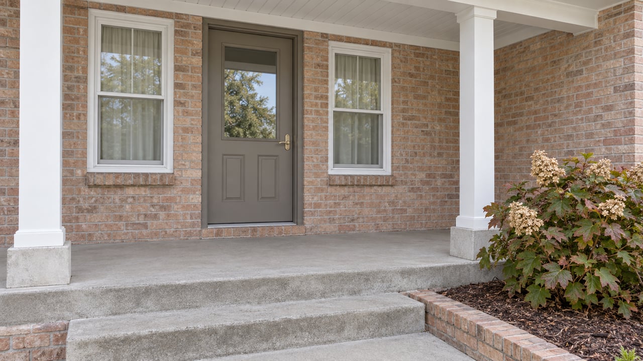 Pink-tan brick home entry with white porch columns, a gray glazed door, paired windows and an autumn oakleaf hydrangea beside concrete steps.