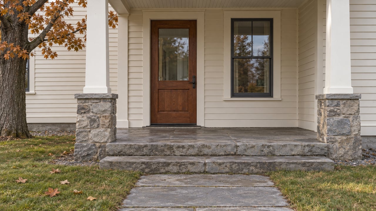 An ivory clapboard home's covered entry with a glazed oak door, bluestone steps and copper maple leaves on late-fall lawn.