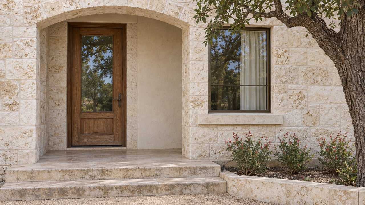 Weathered limestone arch framing an oak-and-glass front door beside a bronze window, with broad stone steps and red flowering sage.
