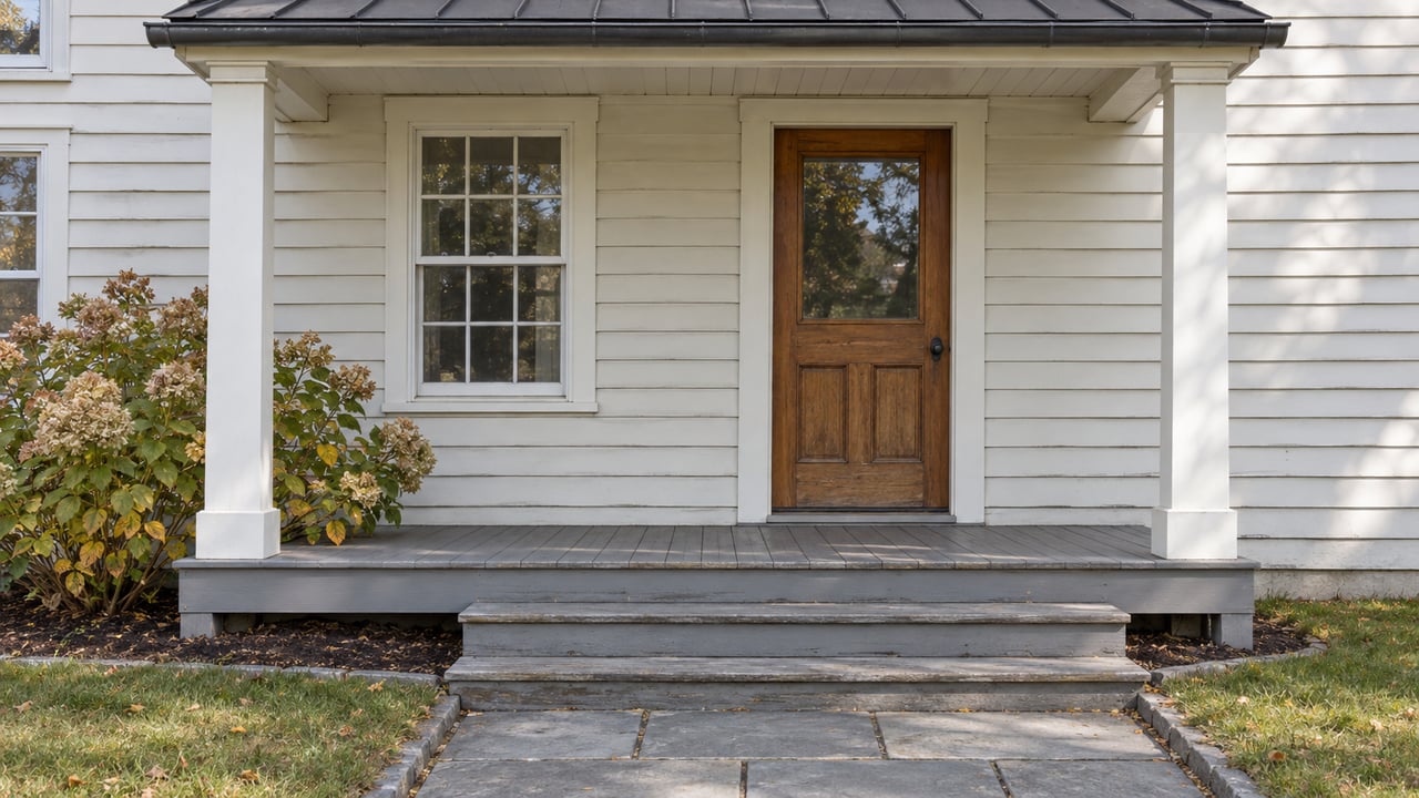 Close view of a clapboard home's covered entry, with a wood door, painted porch steps, bluestone approach and faded hydrangea flowers.