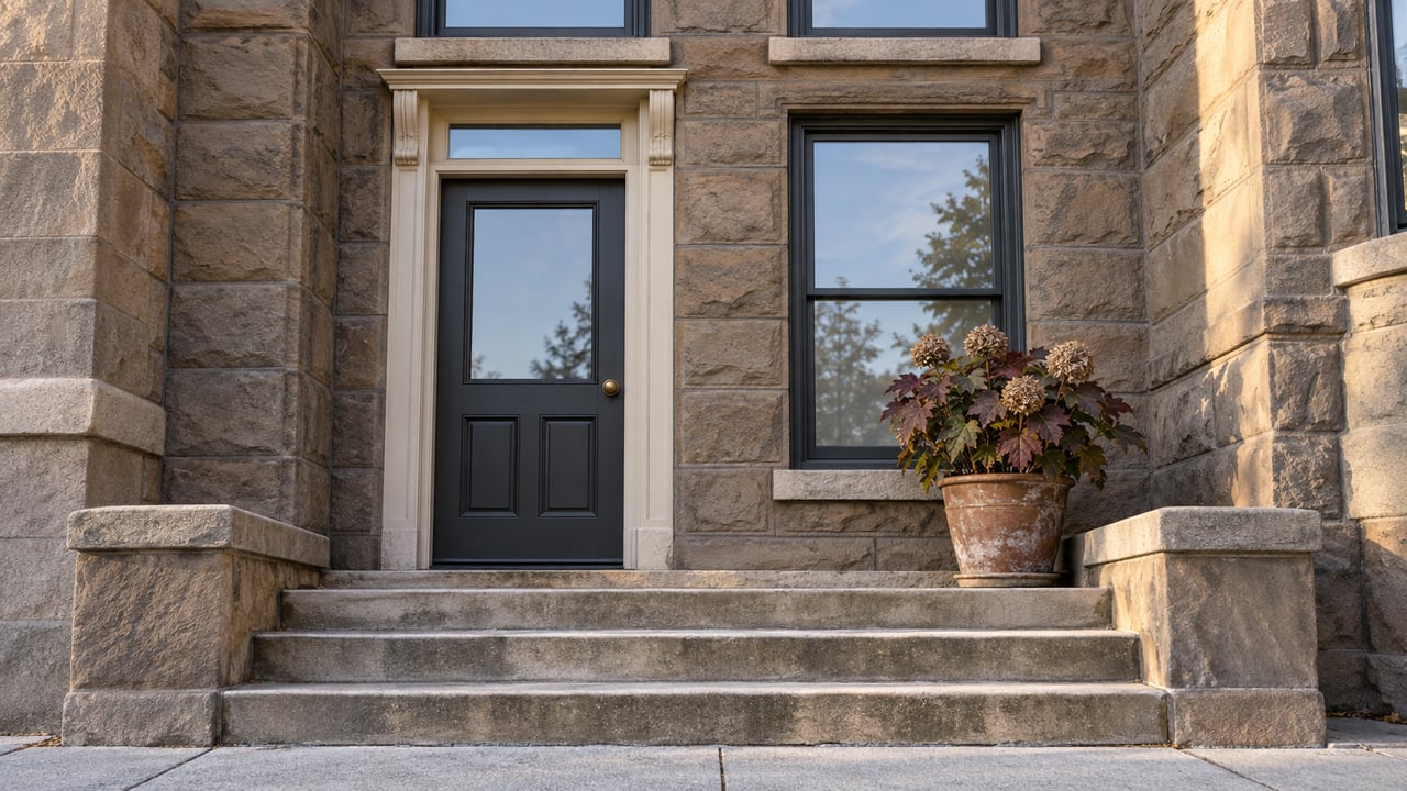 A renovated sandstone residential entrance with a charcoal door, limestone stoop and a potted oakleaf hydrangea in morning light.