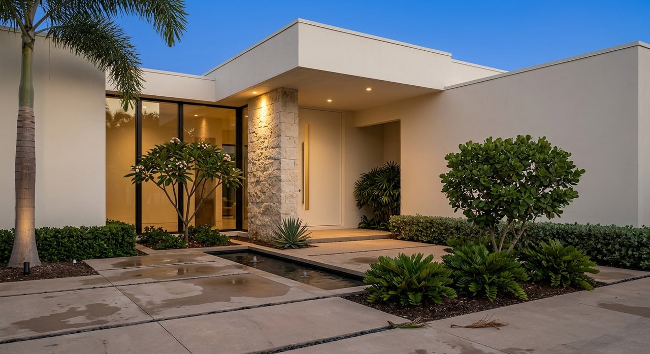 Modern coastal entry with a pale limestone pier, pivot door, damp pavers, and a reflecting water runnel.