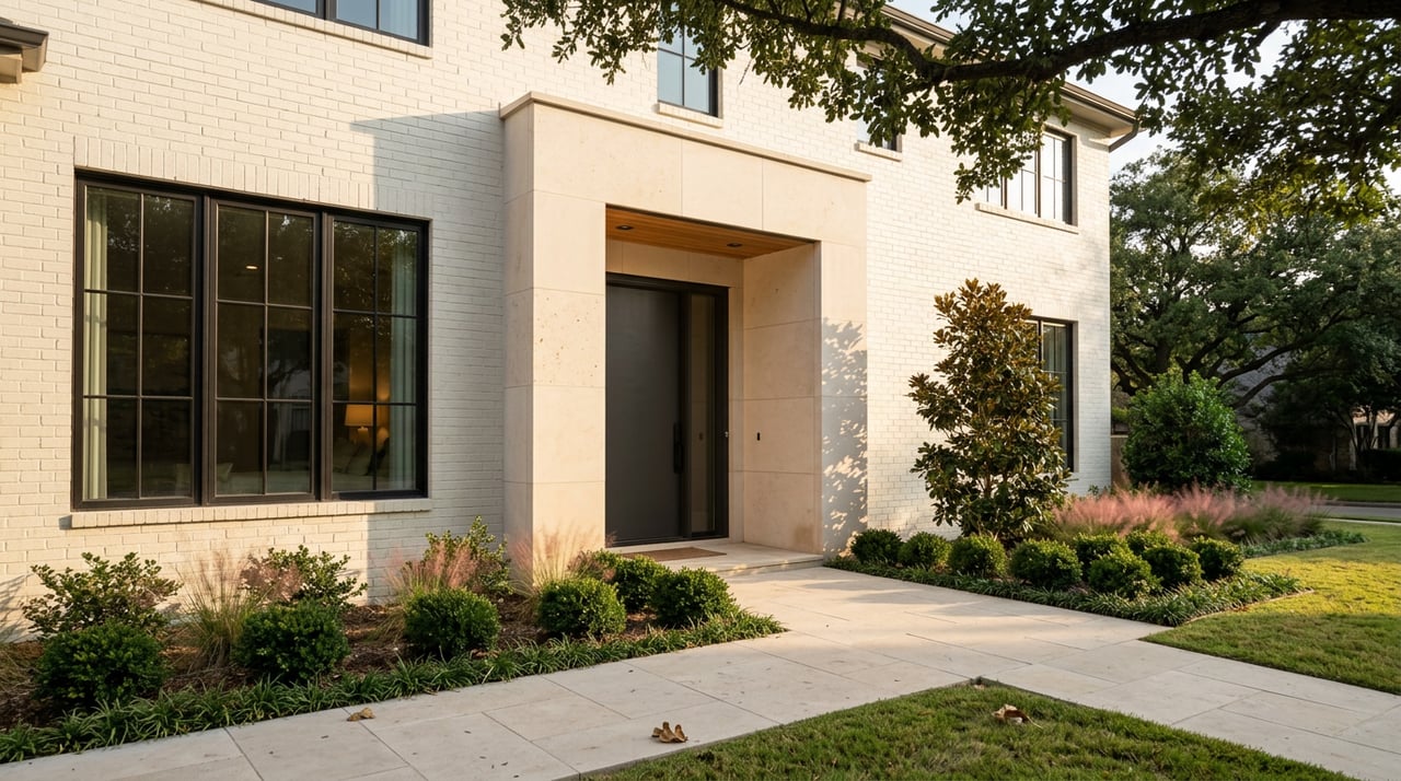 Limestone walkway curves toward a recessed entry in a two-story brick home, framed by oak leaves and clipped landscaping.