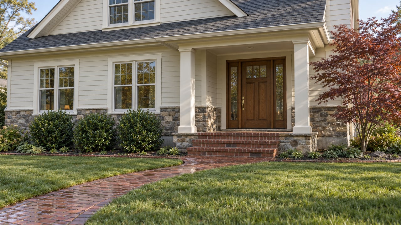 Gabled home with ivory siding, stone wainscoting and a covered brick entry beyond a deep green lawn and curved brick walk.