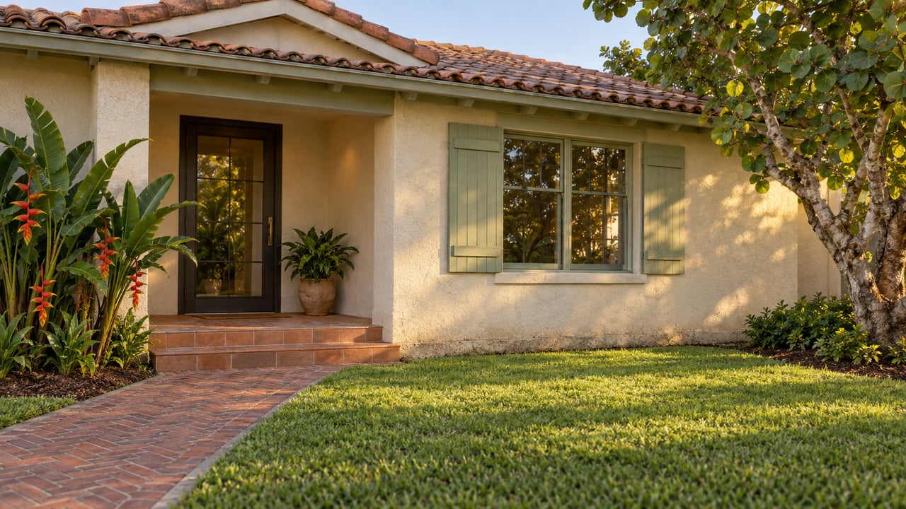 Warm sunset light grazes a low stucco home's terracotta porch, brick walk and tropical front garden.