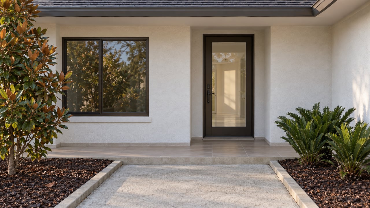 Sunlit white stucco home entrance with a bronze-framed glass door, pale concrete walk, magnolia and coontie planting.