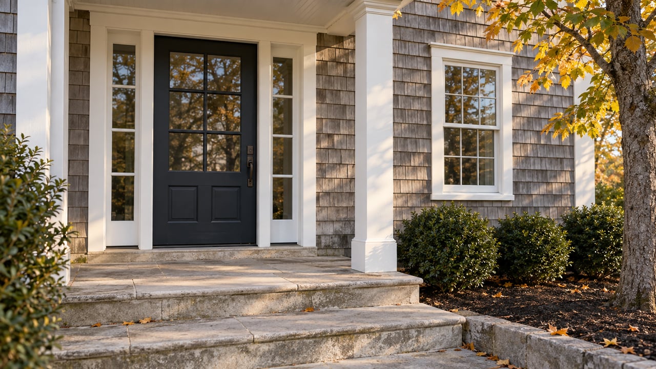 Estate entrance with a dark divided-light door, matching sidelites, limestone steps, and golden maple leaves.