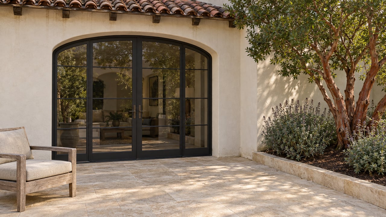 Sunlit stucco home with arched glass doors, a limestone terrace, a weathered teak chair, and a sculptural strawberry tree.