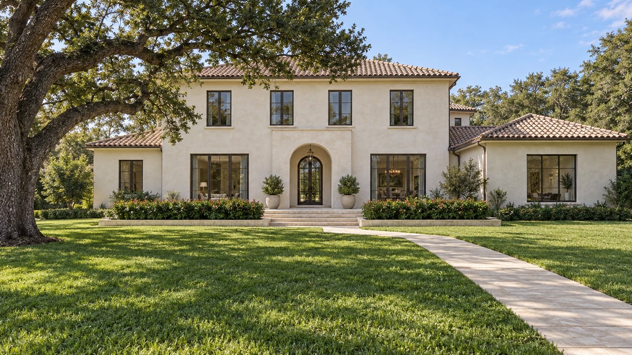 A large ivory stucco home with clay-tile roofs, bronze-framed windows and a limestone entry terrace beyond a deep green lawn and mature spreading tree.