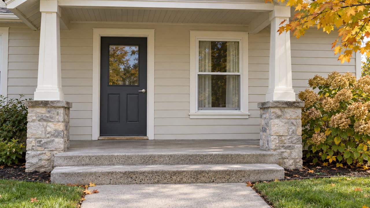 Home entrance with a dark door, stone porch columns, concrete steps, and autumn foliage.