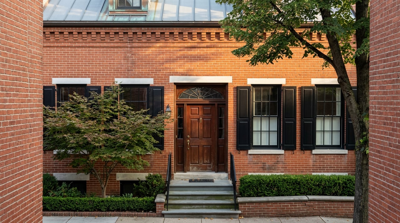 Red-brick rowhouse with a paneled door, bluestone steps, and a Japanese maple beside the stoop.