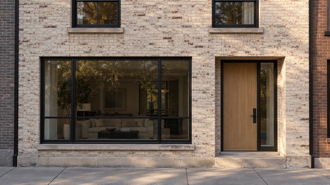 Renovated cream-brick townhouse with black-framed windows, a glazed ground-floor window, and a recessed oak door.