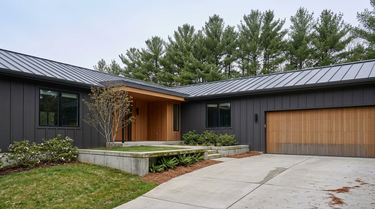 Contemporary charcoal-sided home with cedar entry, oak-toned garage door, sloped lawn, and mature pines behind the roof.