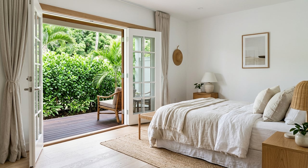 Bedroom with a white bed, sea-glass pillow, and French doors opening onto a planted lanai.