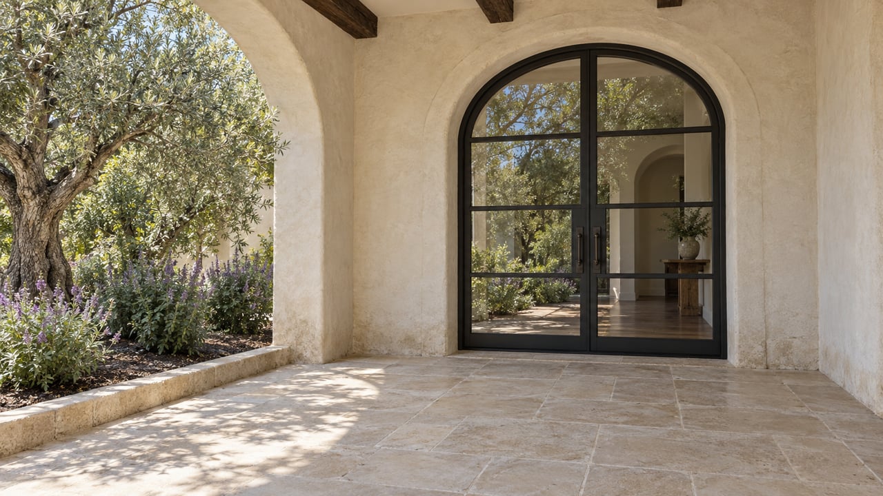 Cream stucco garden terrace with a glazed arched double door, dark timber beams, worn limestone paving and an olive tree.