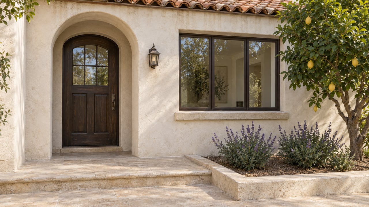 Pale stucco home with an arched oak entrance, bronze-framed window, worn limestone steps and a lemon tree beside the approach.