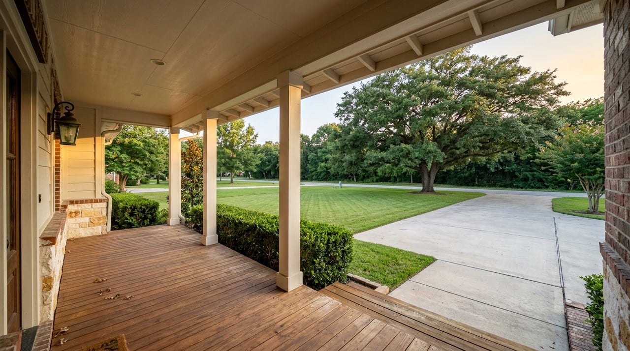 Covered porch with brick piers and white columns overlooking a broad lawn, concrete driveway, and spreading live oak.