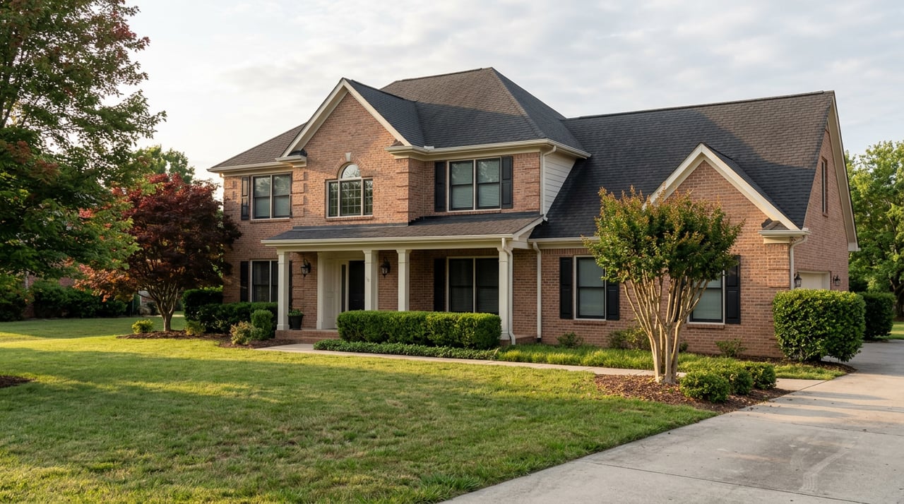 Two-story brick home with black shutters, an arched upper window, broad lawn, and driveway beneath a leafy tree.