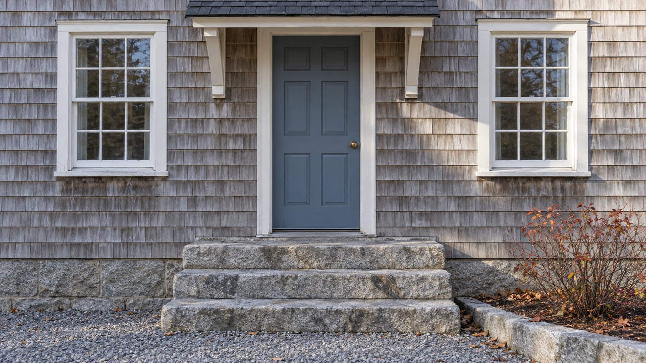 Weathered cedar cottage entrance with a slate-blue door, paired white-trimmed windows and worn granite steps in clear autumn light.