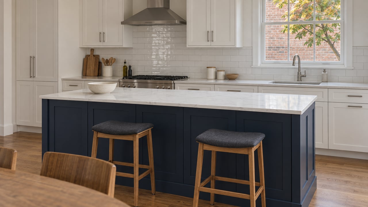 Daylit condominium kitchen with a navy island, white quartz counters, oak flooring, and a window overlooking brick and maple leaves.
